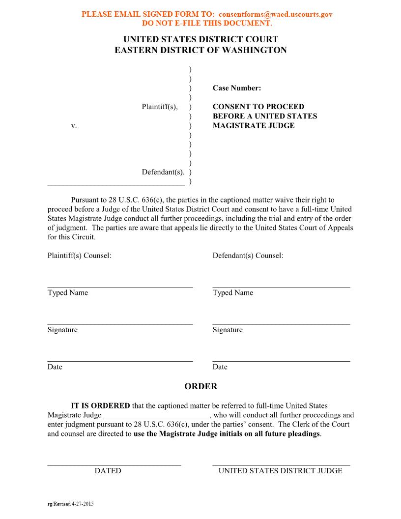 Consent To Proceed Before A US Magistrate Judge | Pdf Fpdf Doc Docx | Washington