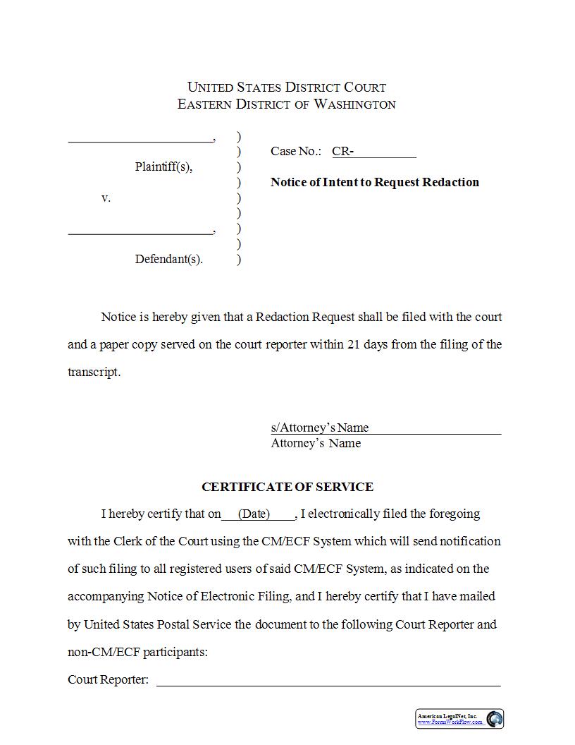 Notice Of Intent To Request Redaction | Pdf Fpdf Docx | Washington