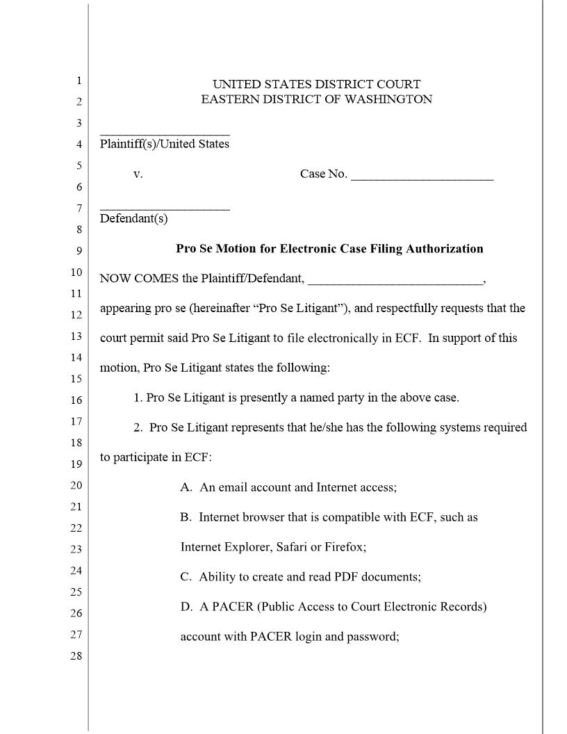 Pro Se Motion For ECF Authorizations | Pdf Fpdf Docx | Washington