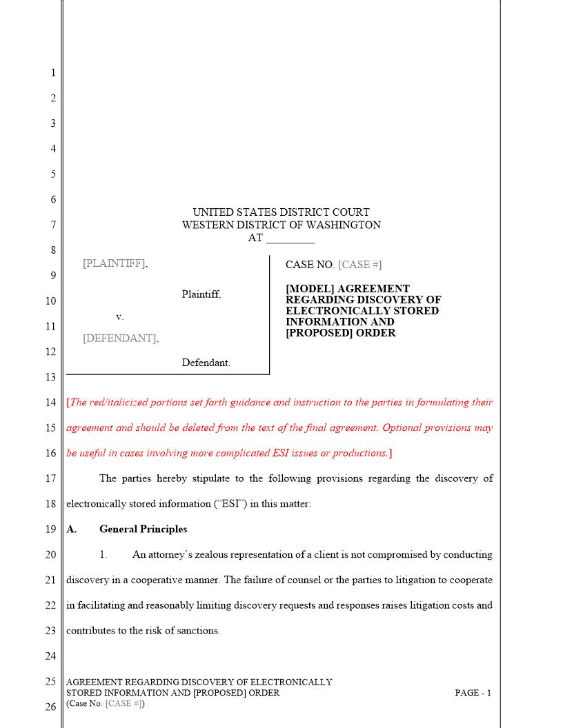 Agreement Regarding Discovery Of Electronically Stored Information | Pdf Fpdf Docx | Washington