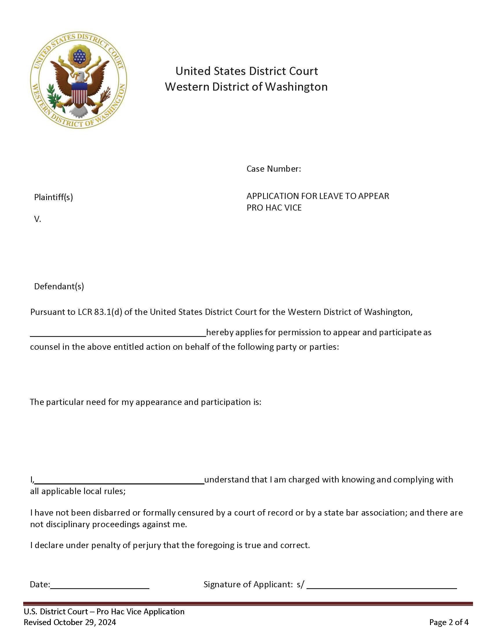 Application For Leave To Appear Pro Hac Vice | Pdf Fpdf Doc Docx | Washington