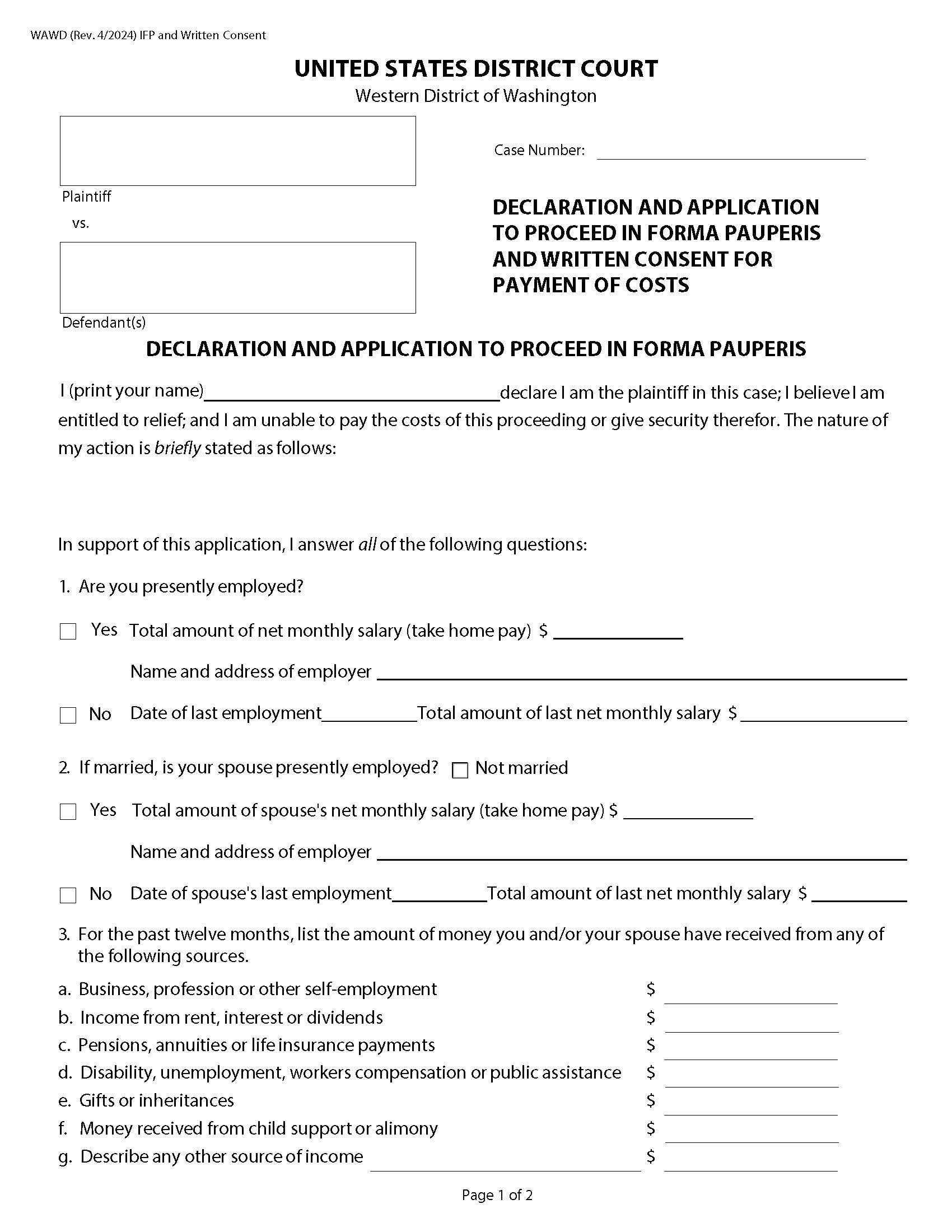 Declaration And Application To Proceed In Forma Pauperis | Pdf Fpdf Doc Docx | Washington