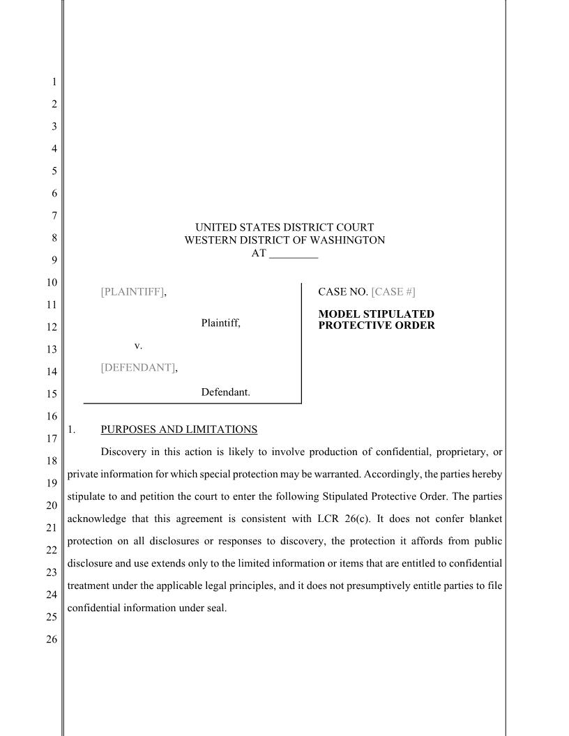 Model Stipulated Protective Order | Pdf Fpdf Docx | Washington