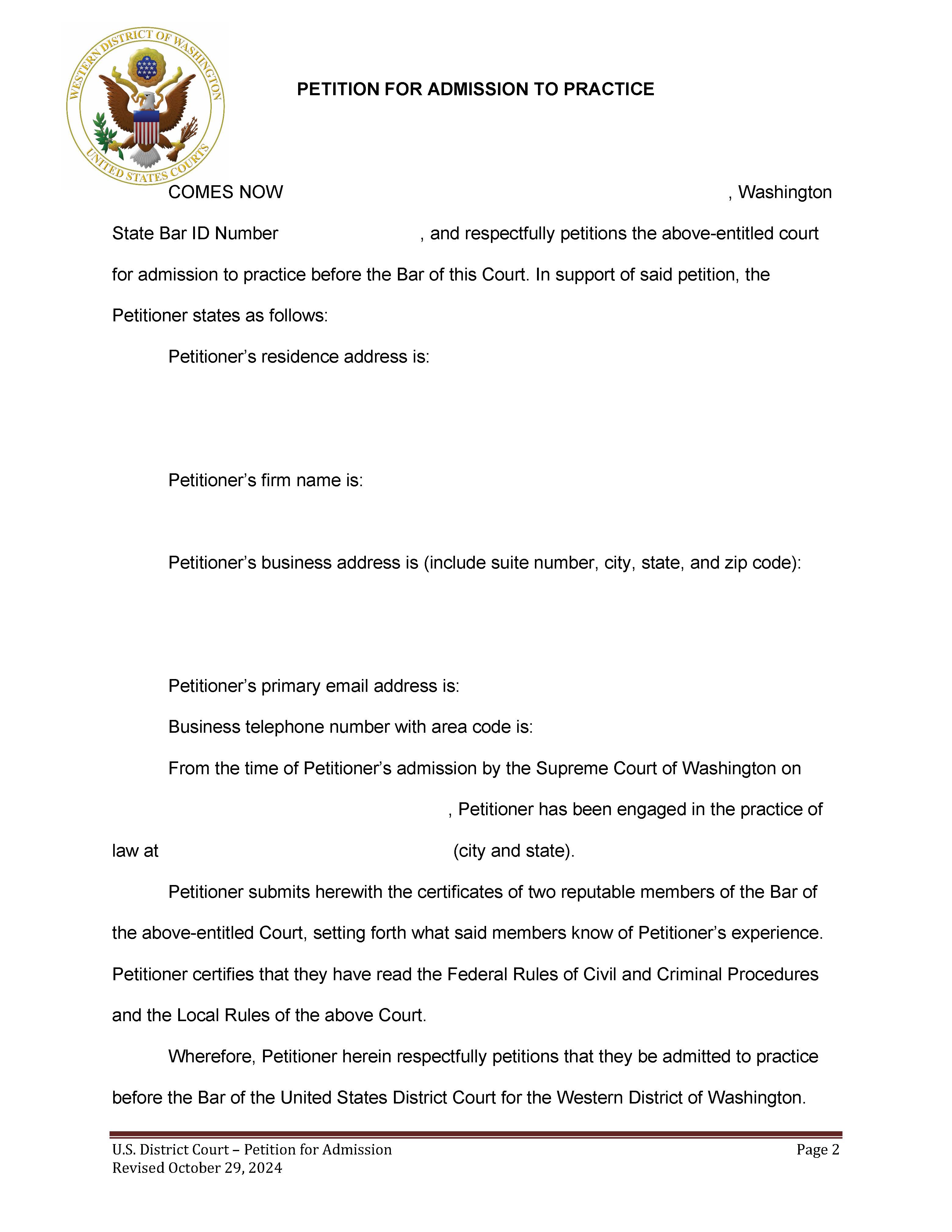 Petition For Admission To Practice | Pdf Fpdf Doc Docx | Washington