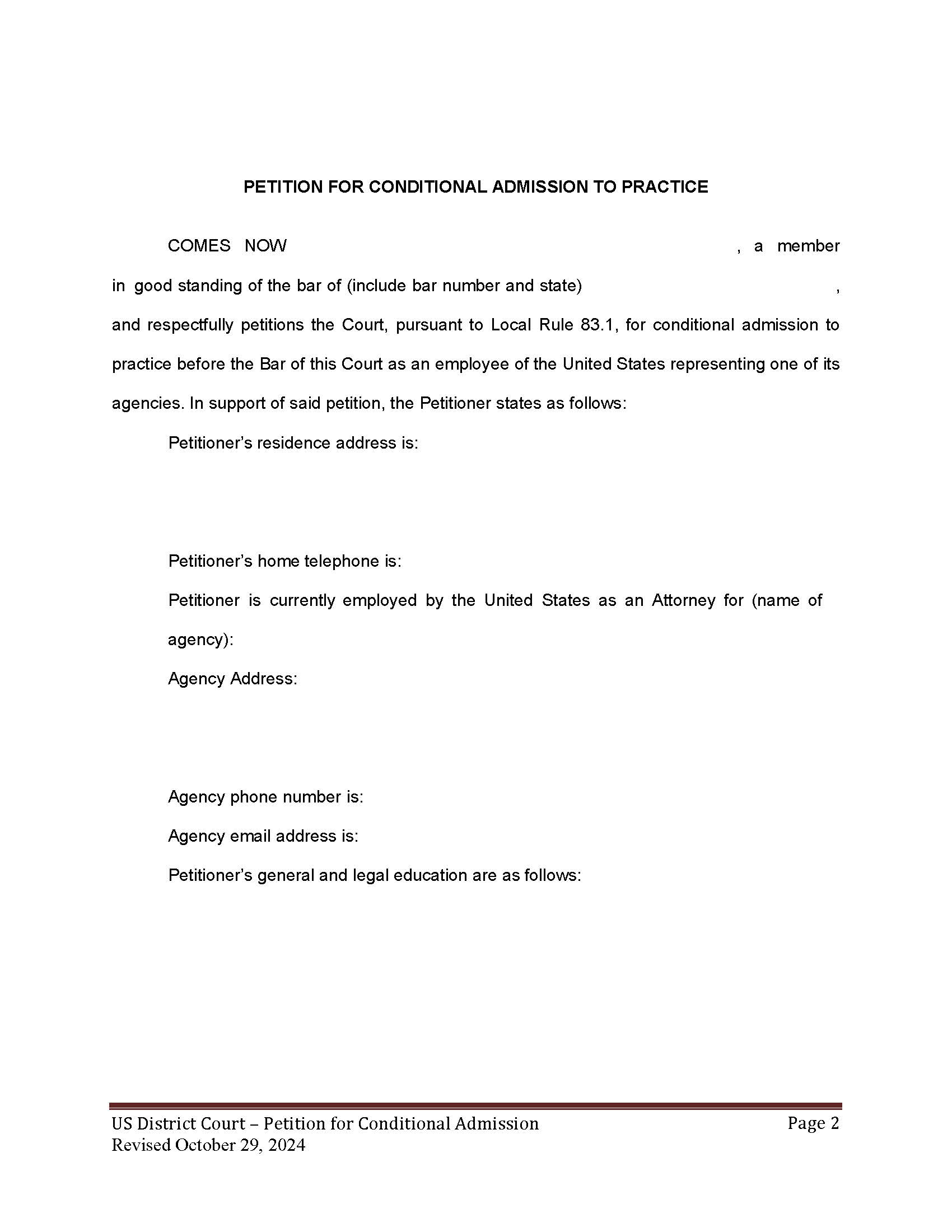 Petition for Conditional Admission To Practice | Pdf Fpdf Doc Docx | Washington