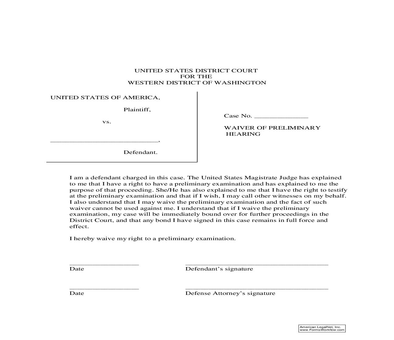 Waiver Of Preliminary Hearing | Pdf Fpdf Doc Docx | Washington