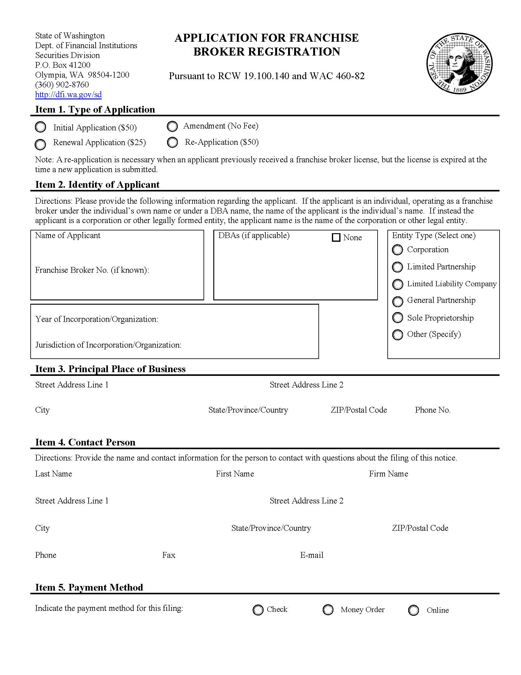 Application For Franchise Broker Registration | Pdf Fpdf Doc Docx | Washington