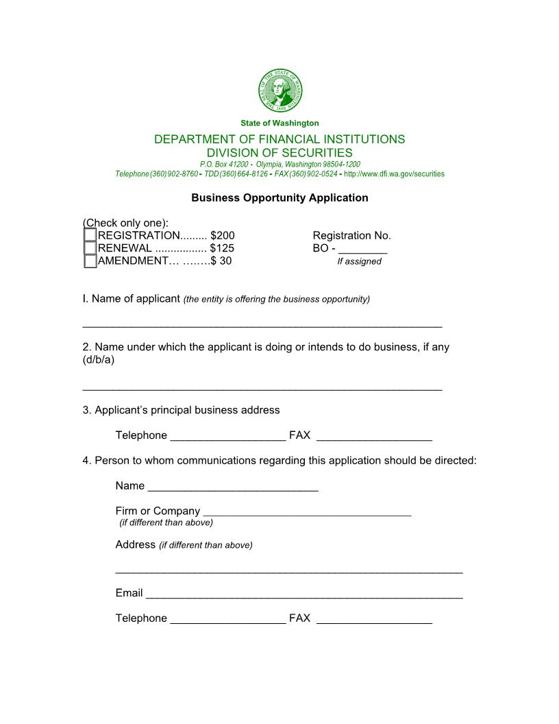 Business Opportunity Application | Pdf Fpdf Doc Docx | Washington