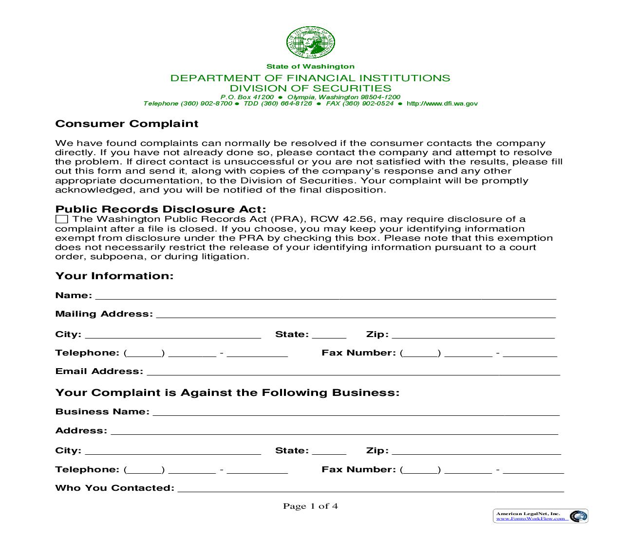 Complaint Report (Investor) | Pdf Fpdf Doc Docx | Washington