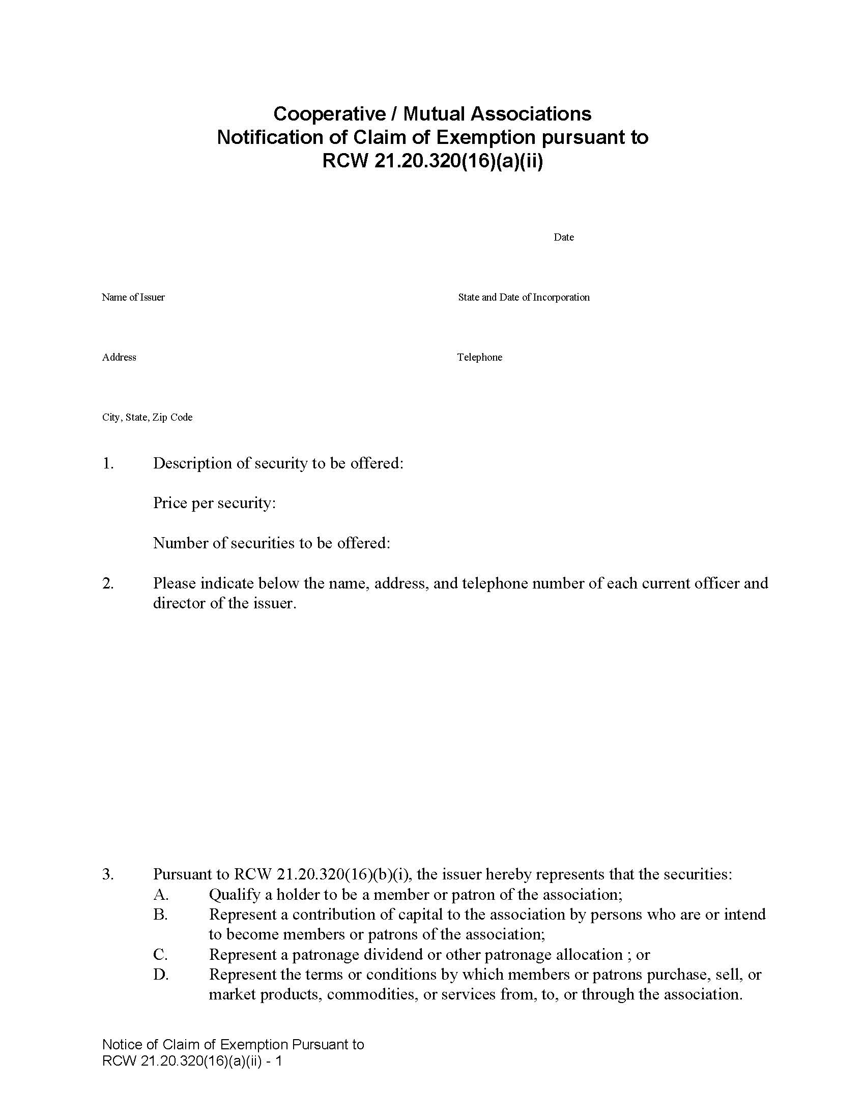 Cooperative Mutual Associations Notification Of Claim Exemption {RCW 21.20.320(16)(A)(II)} | Pdf Fpdf Doc Docx | Washington