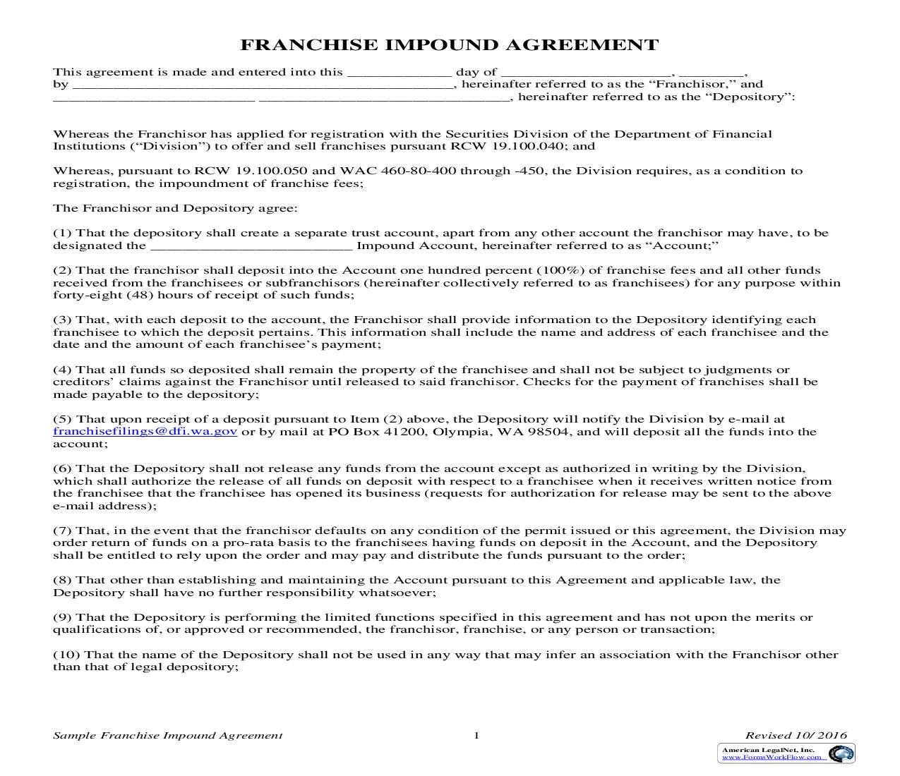 Franchise Impound Agreement | Pdf Fpdf Doc Docx | Washington