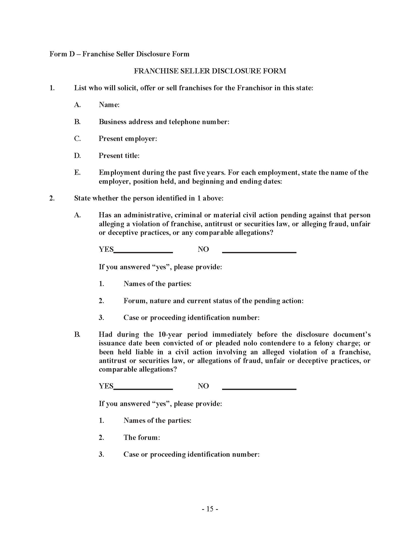 Franchise Seller Disclosure Form {Form D} | Pdf Fpdf Doc Docx | Washington