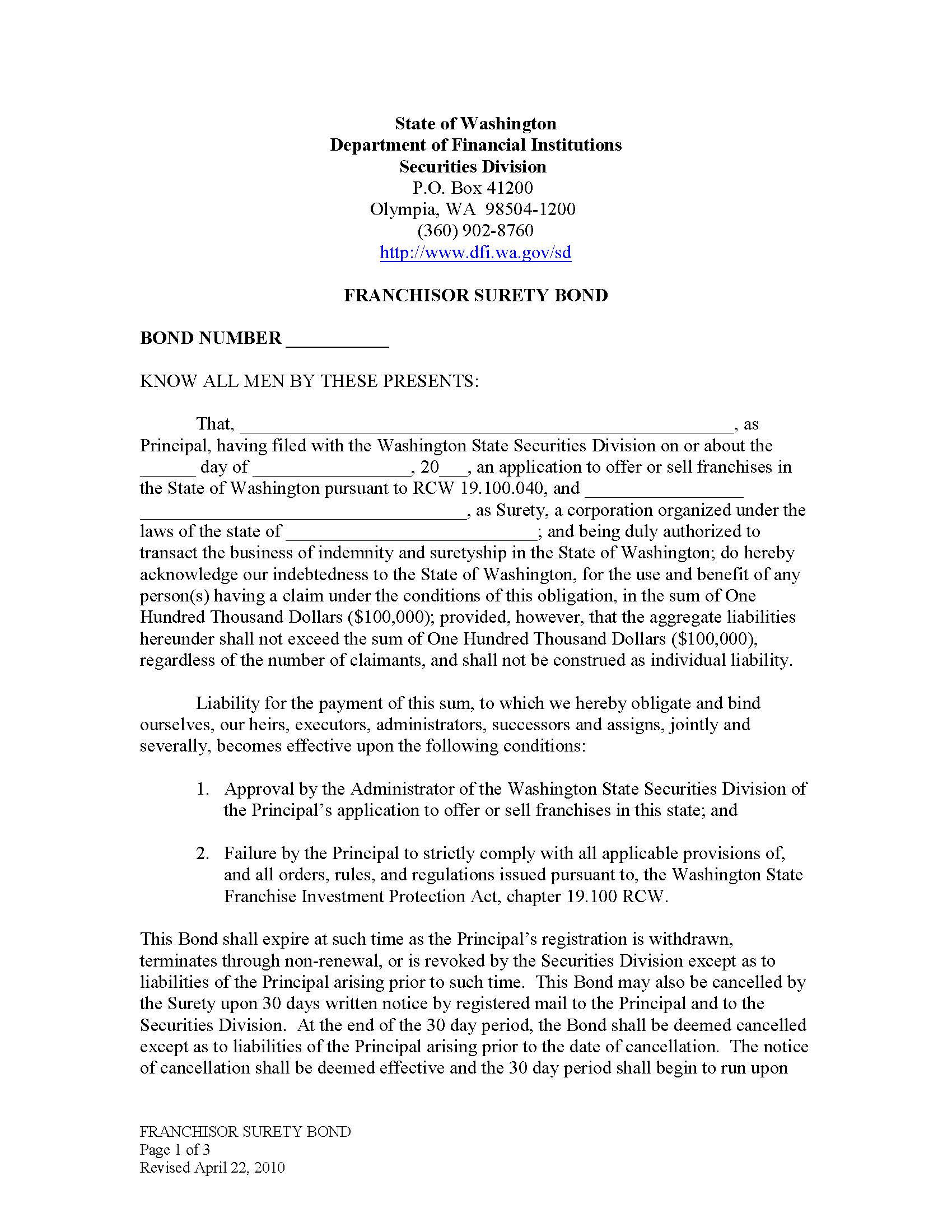 Franchisor Surety Bond | Pdf Fpdf Doc Docx | Washington