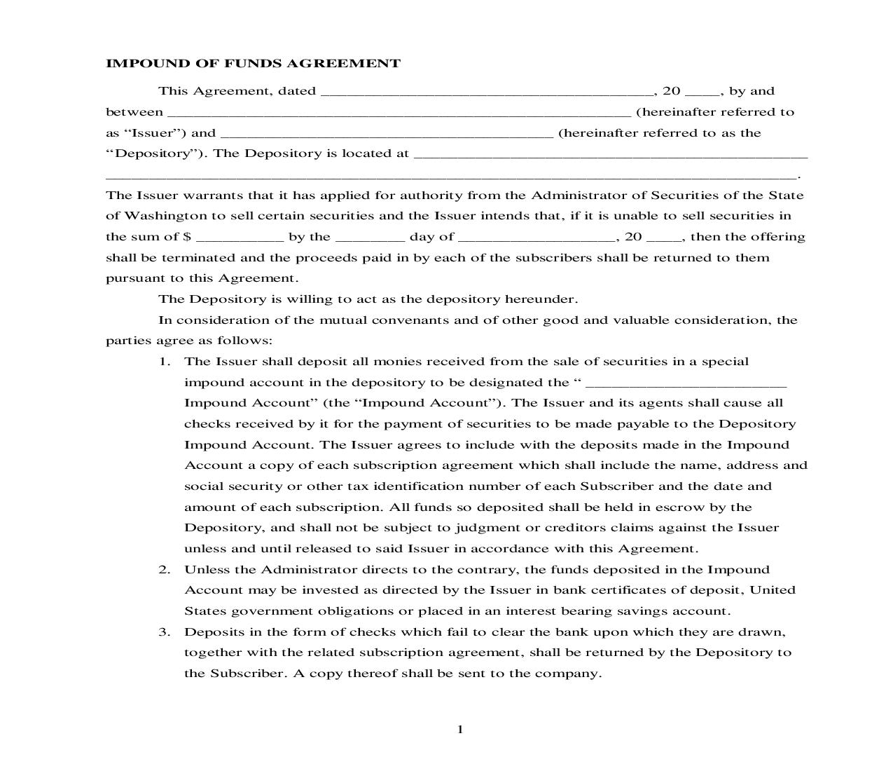 Impound Of Funds Agreement | Pdf Fpdf Doc Docx | Washington