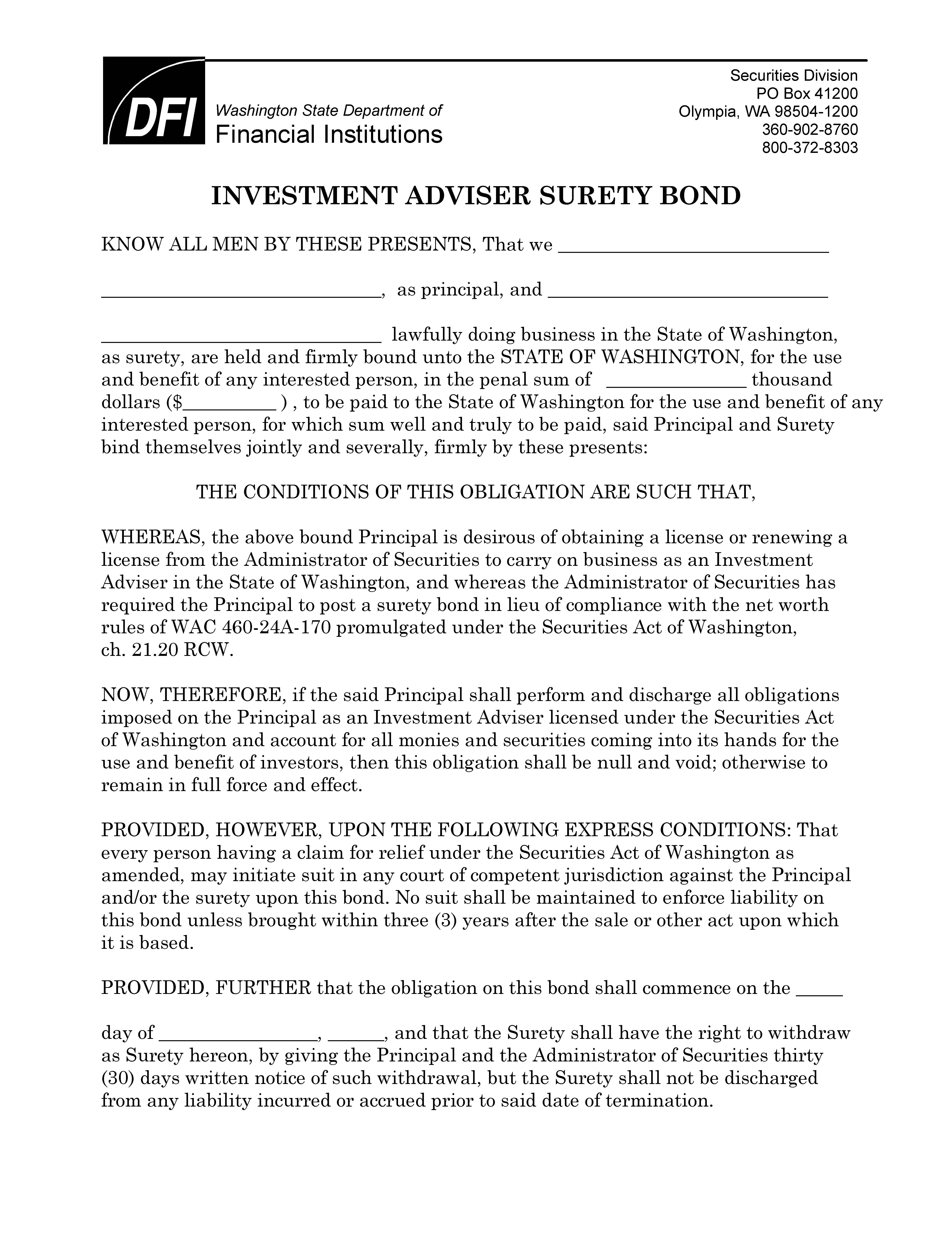 Investment Adviser Surety Bond | Pdf Fpdf Doc Docx | Washington