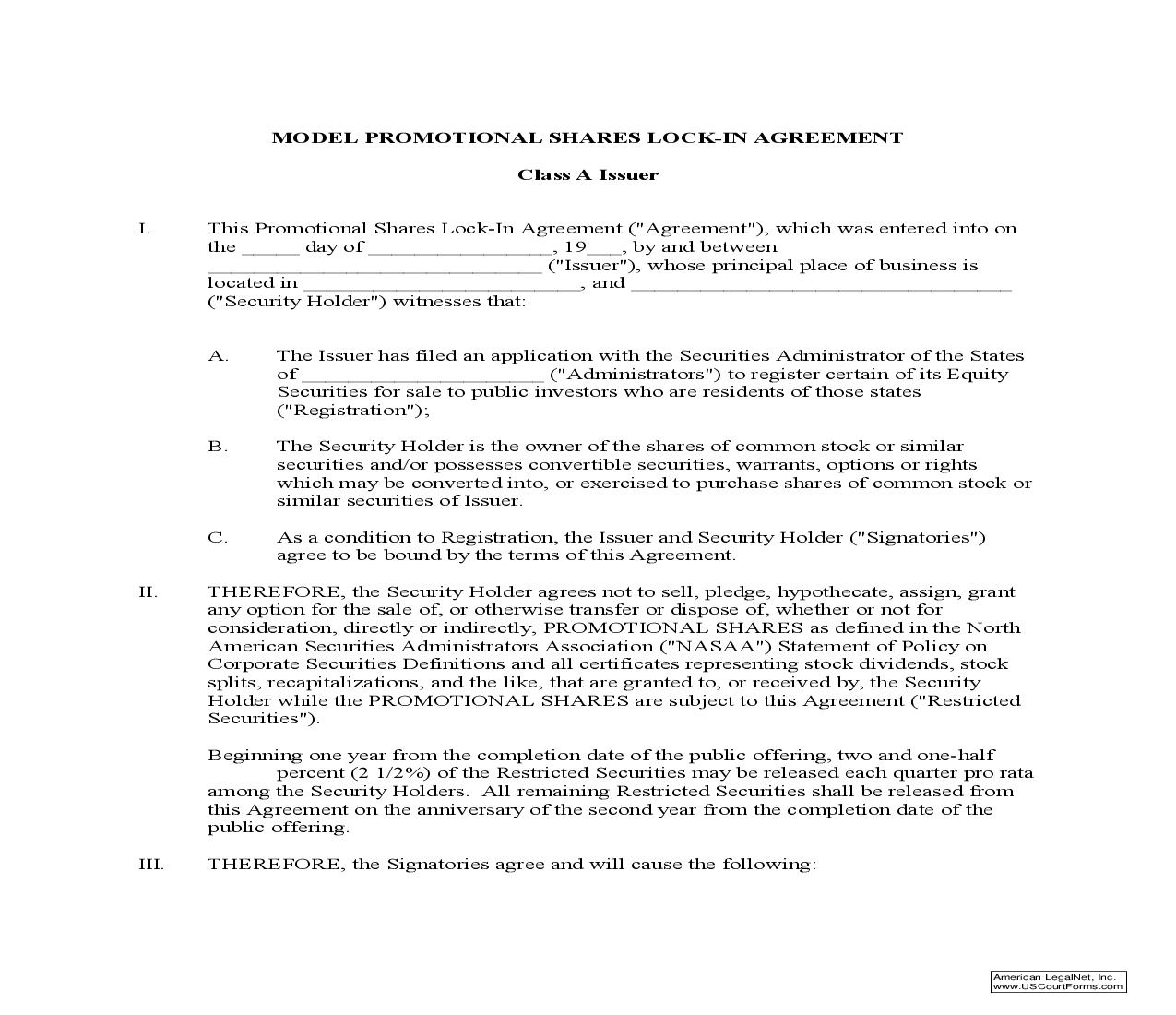 Model Promotional Shares Lock-In Agreement-Class A Issuer {PSLIA-Model A} | Pdf Fpdf Doc Docx | Washington