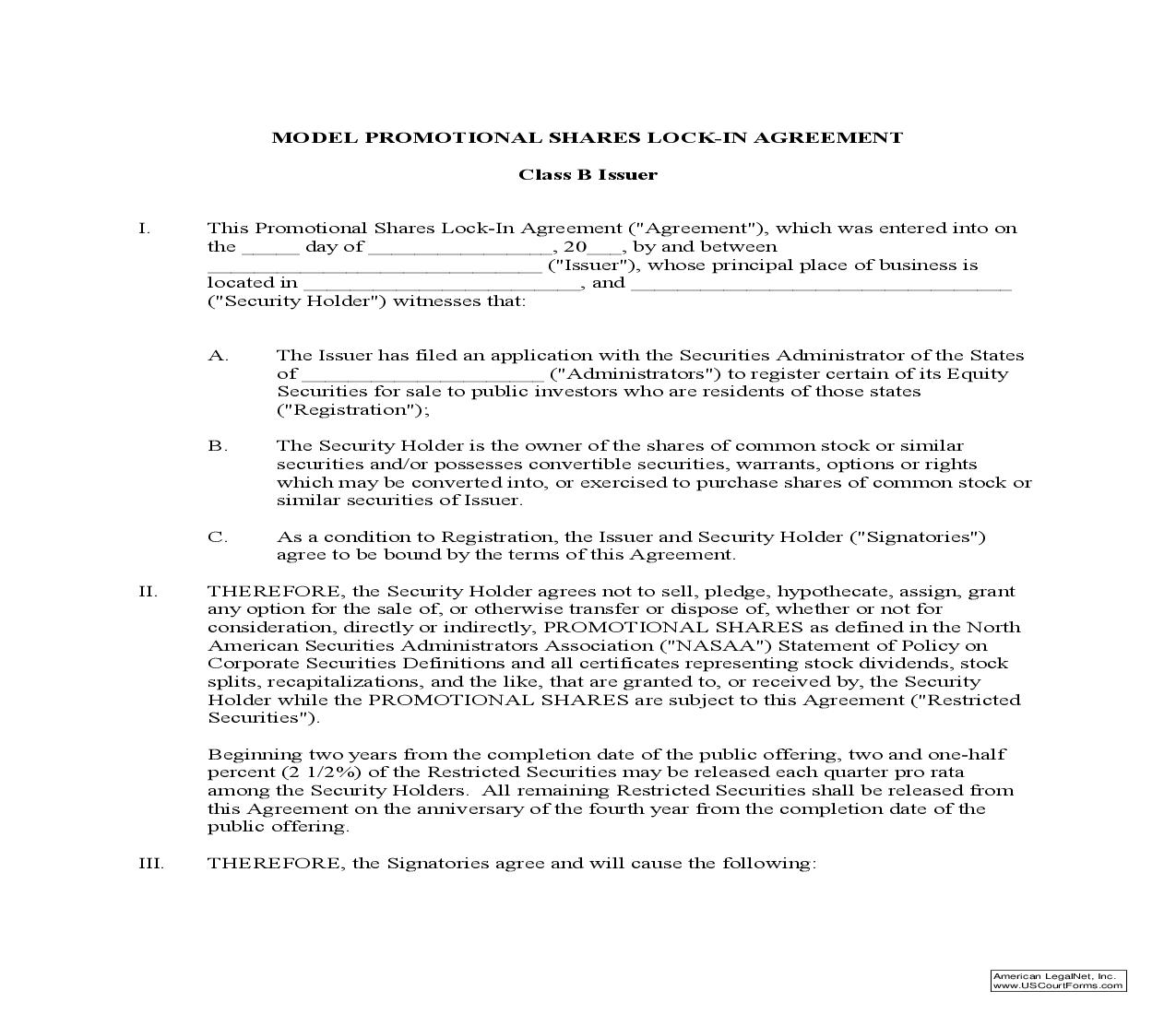 Model Promotional Shares Lock-In Agreement-Class B Issuer {PSLIA-Model B} | Pdf Fpdf Doc Docx | Washington