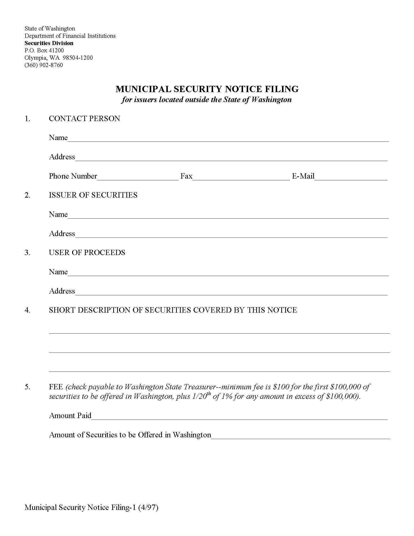 Municipal Security Notice Filing (For Issuers Located Outside State Of WA) | Pdf Fpdf Doc Docx | Washington