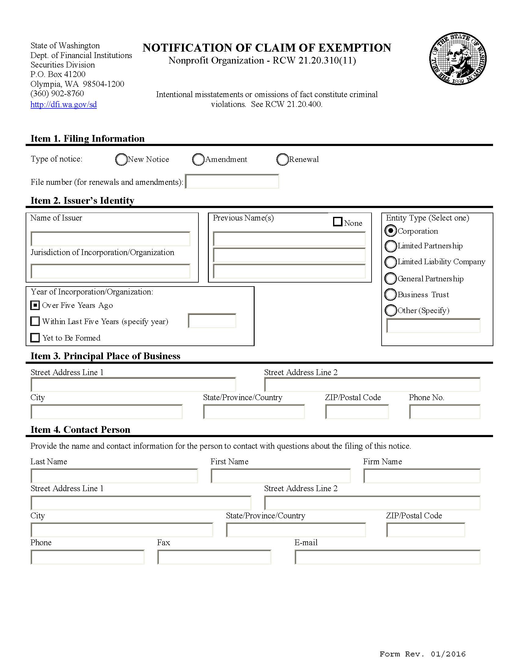 Notification Of Claim Exemption (Nonprofit Organization) | Pdf Fpdf Doc Docx | Washington