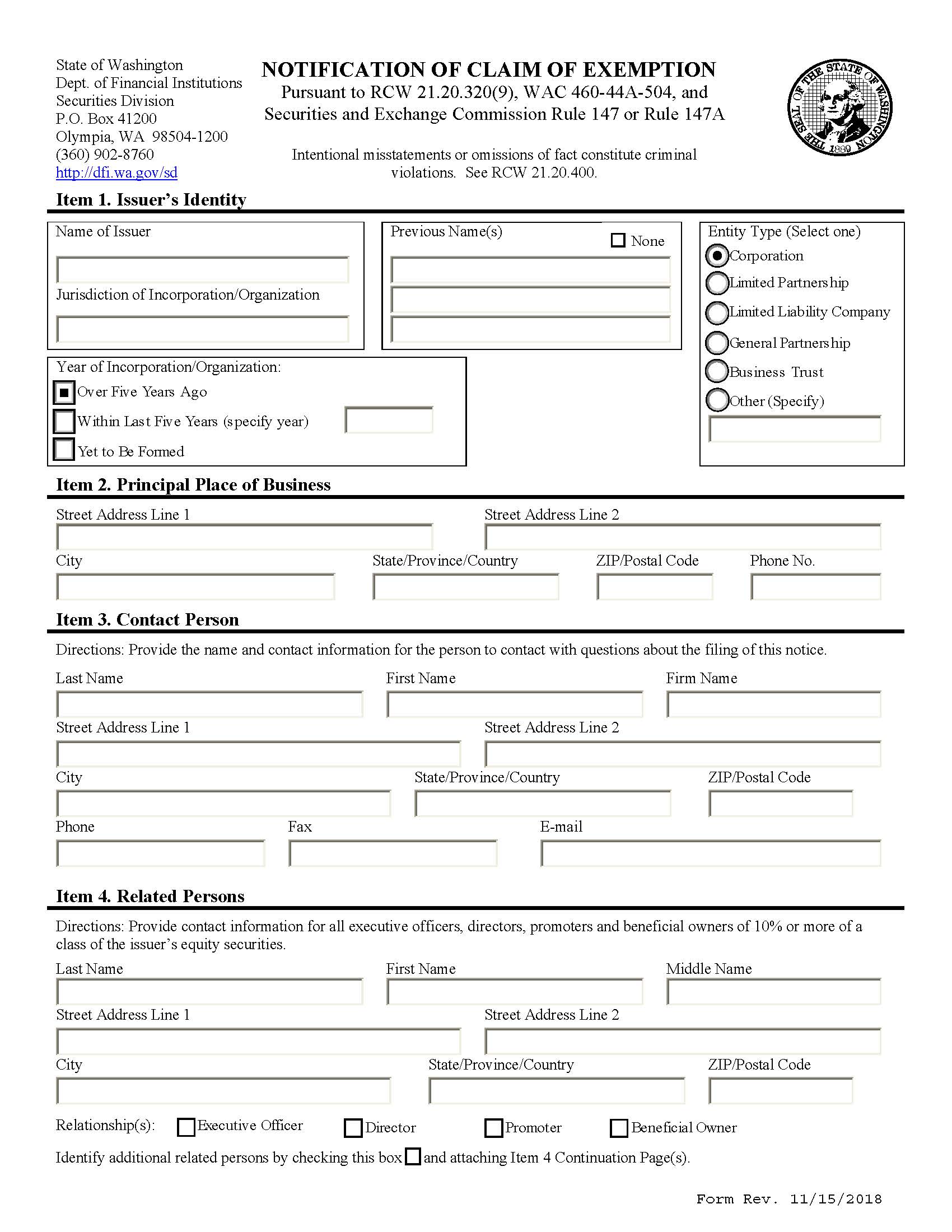 Notification Of Claim Exemption | Pdf Fpdf Doc Docx | Washington