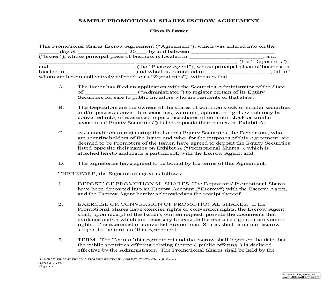 Sample Promotional Shares Escrow Agreement-Class B Issuer {PSEA-Model B} | Pdf Fpdf Doc Docx | Washington