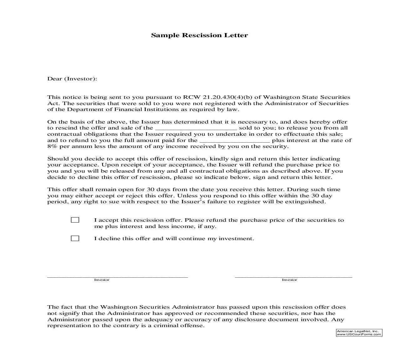 Sample Recission Letter {SRL} | Pdf Fpdf Doc Docx | Washington