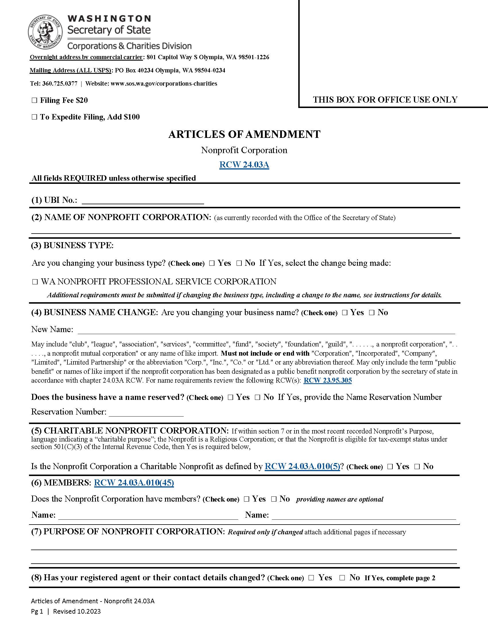 Articles Of Amendment Nonprofit Corporation | Pdf Fpdf Docx | Washington