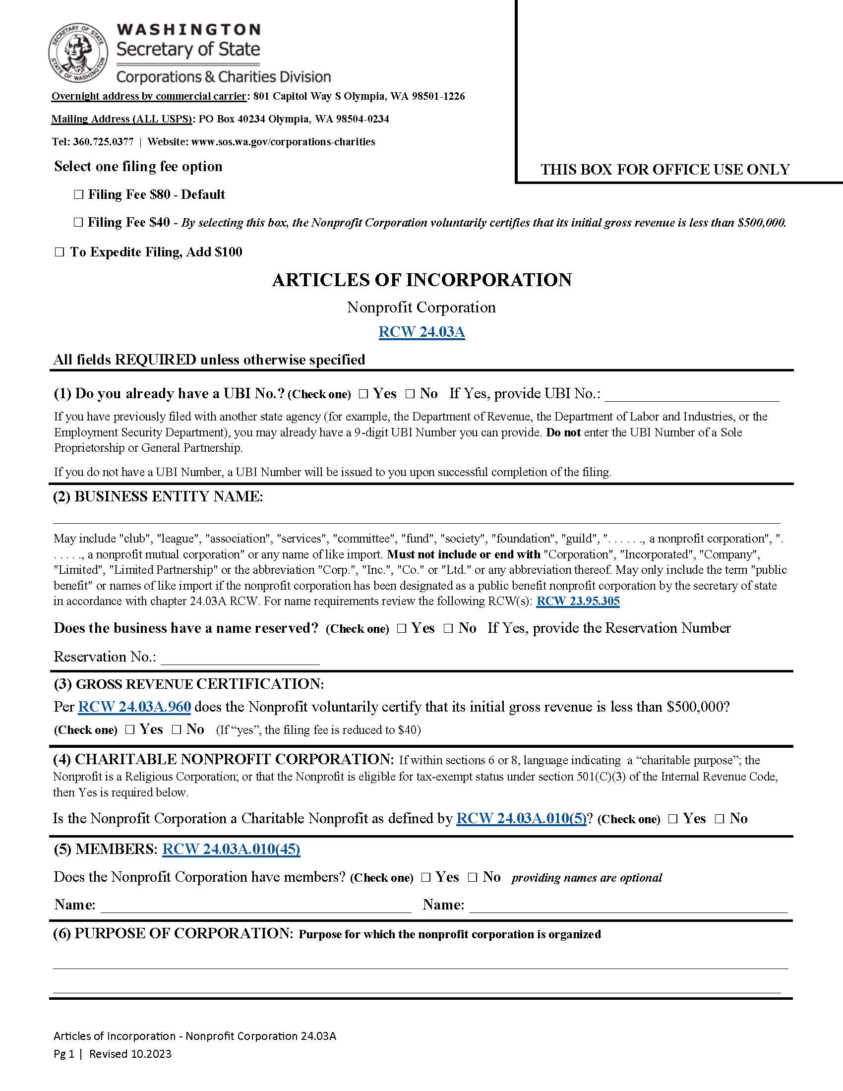 Articles Of Incorporation Nonprofit Corp | Pdf Fpdf Docx | Washington