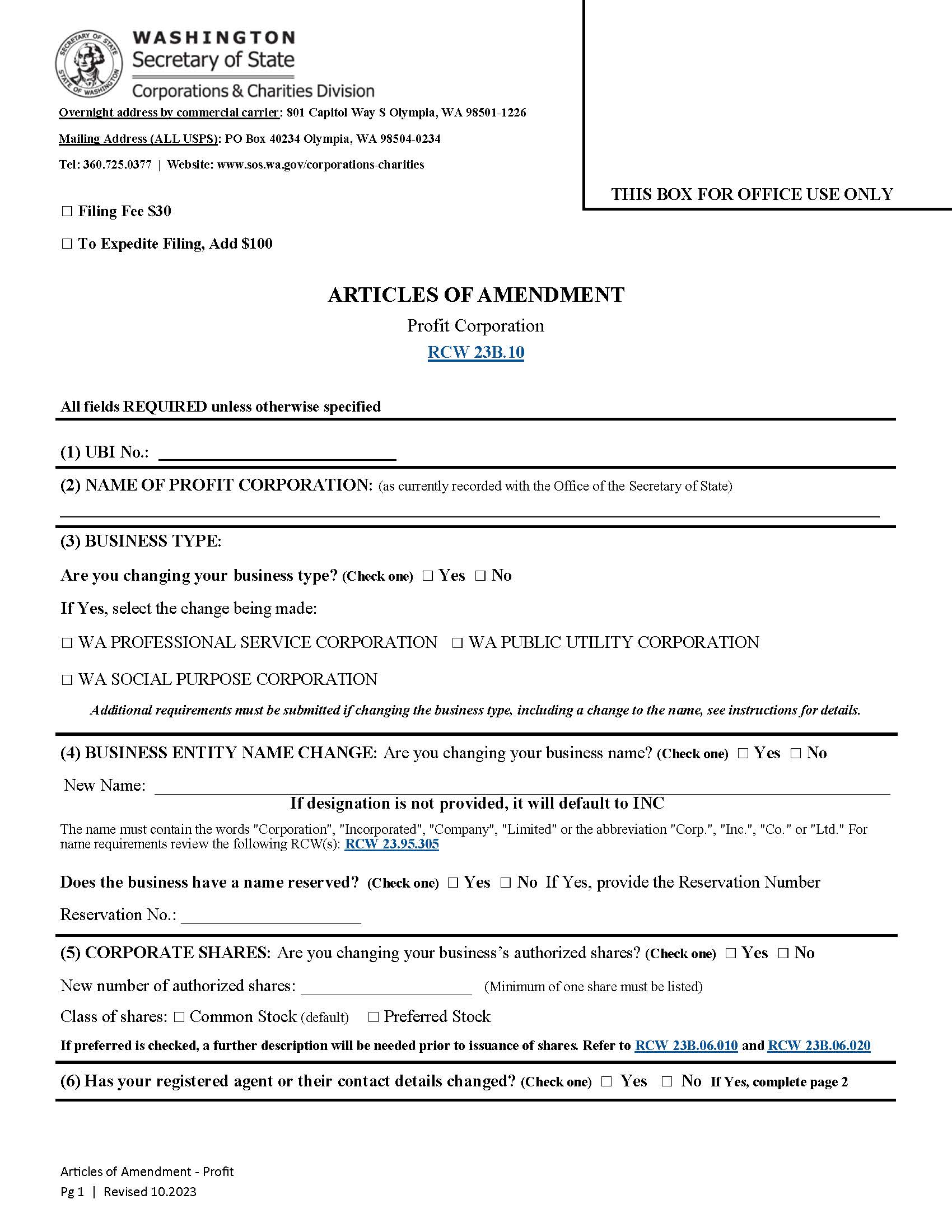 Articles Of Amendment Profit Corporation | Pdf Fpdf Docx | Washington