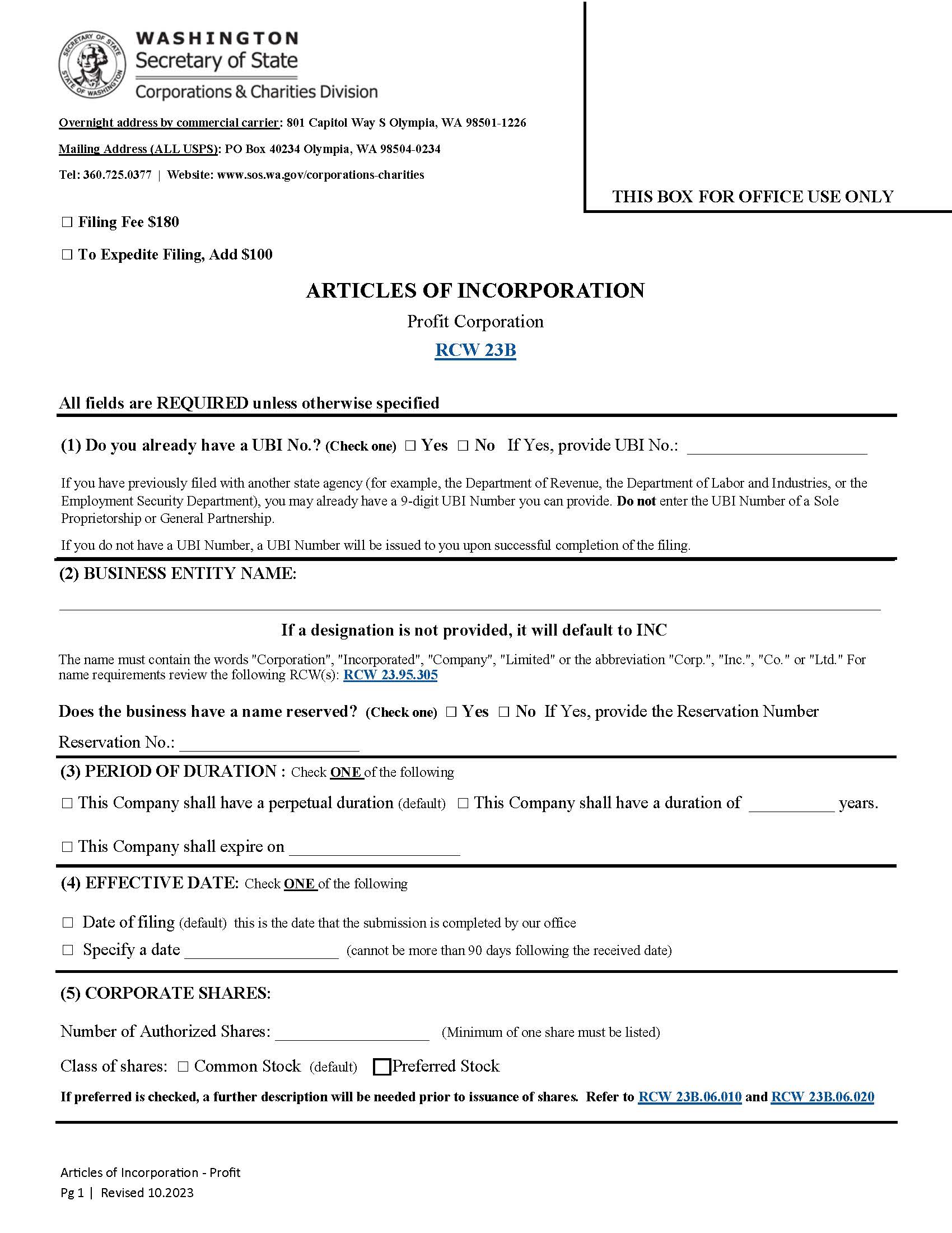 Articles Of Incorporation | Pdf Fpdf Docx | Washington