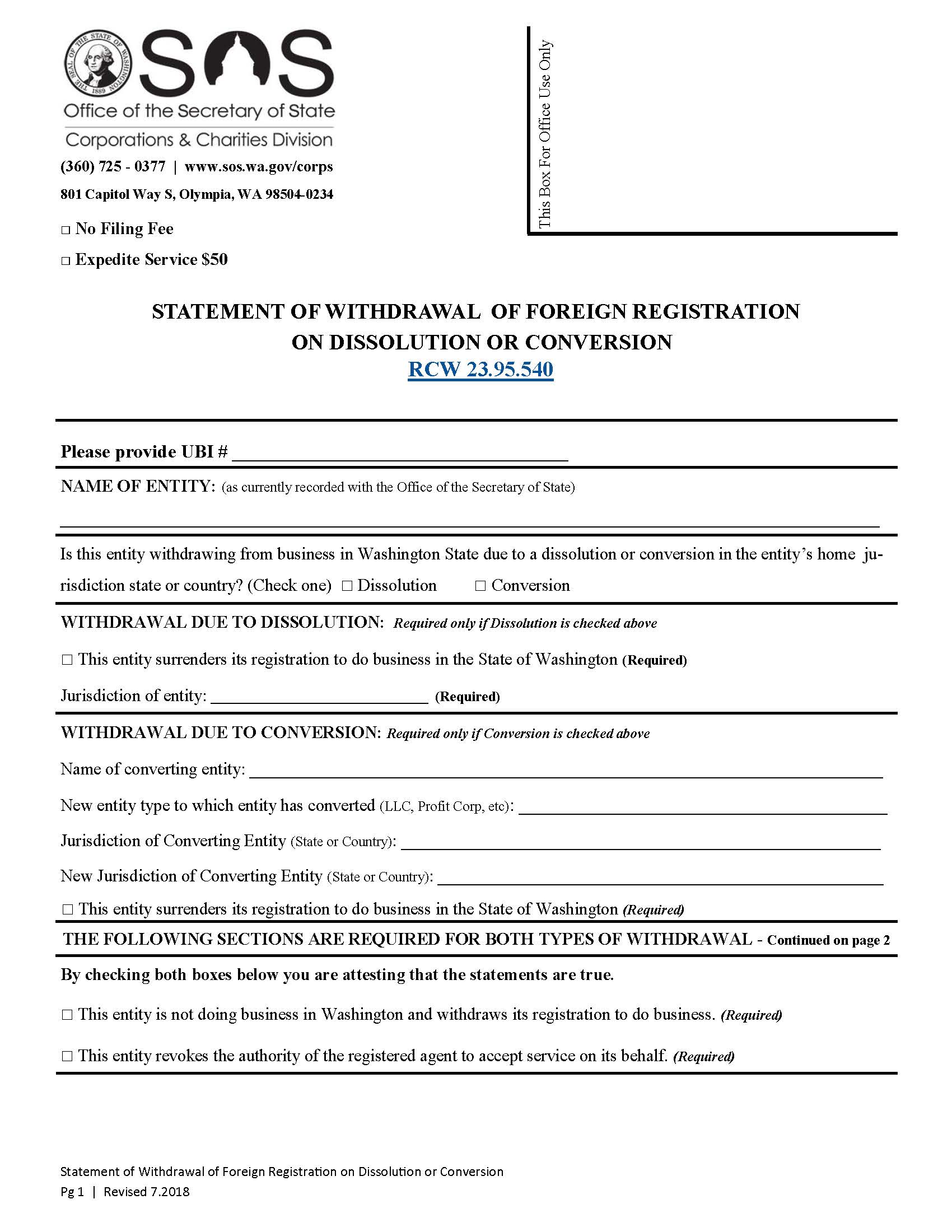 Statement Of Withdrawal Of Foreign Registration On Dissolution Or Conversion | Pdf Fpdf Docx | Washington