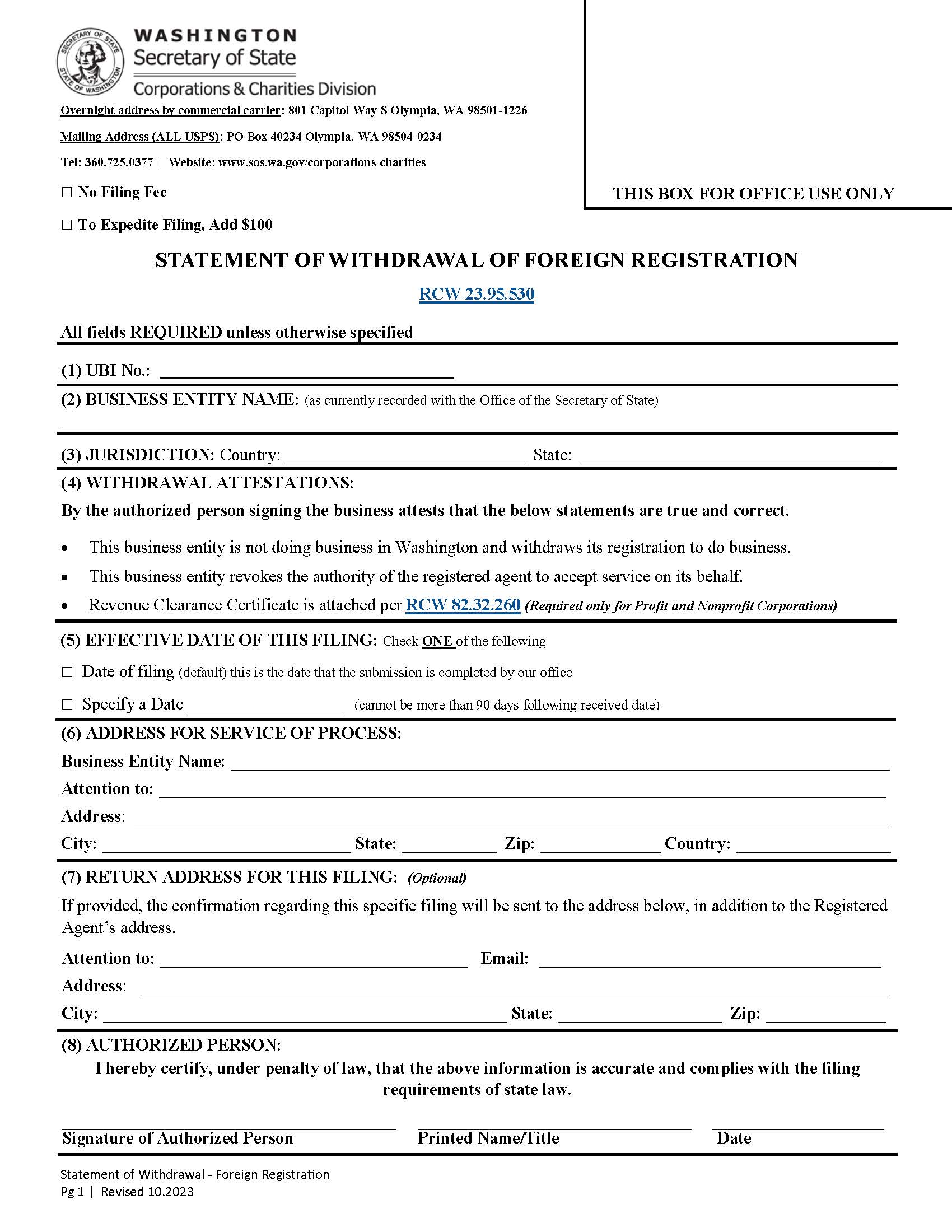 Statement Of Withdrawal Of Foreign Registration | Pdf Fpdf Docx | Washington