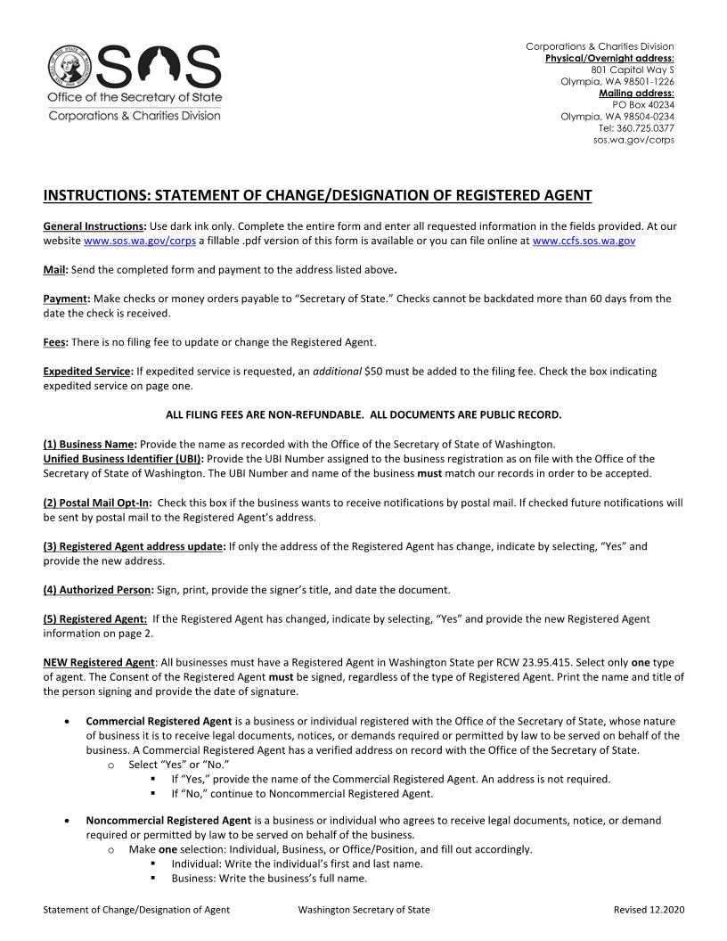Statement Of Change And Or Designation Of Registered Agent | Pdf Fpdf Docx | Washington