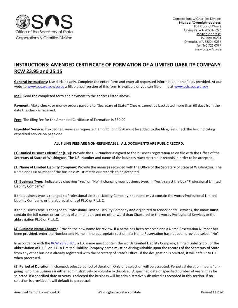 Amended Certificate Of Formation | Pdf Fpdf Docx | Washington