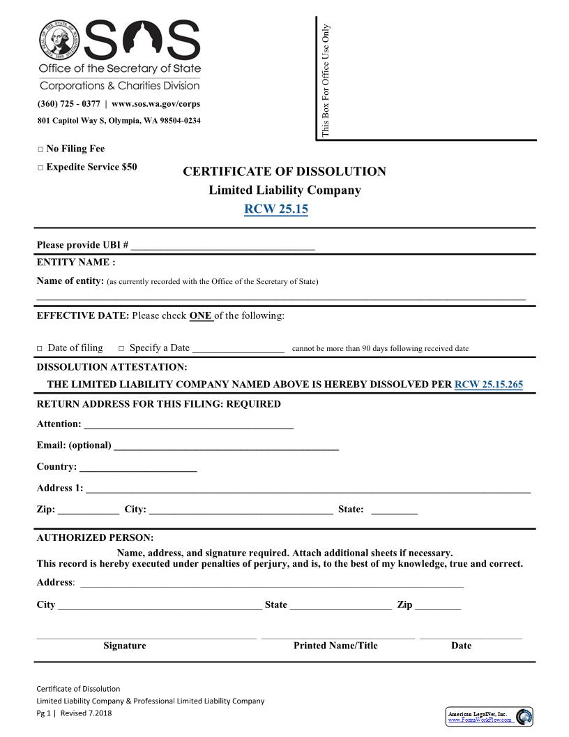 Certificate Of Dissolution | Pdf Fpdf Docx | Washington