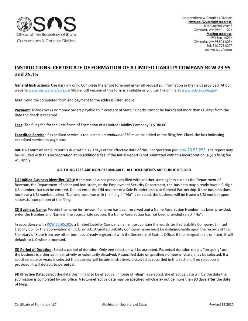 Certificate Of Formation Professional LLC | Pdf Fpdf Docx | Washington