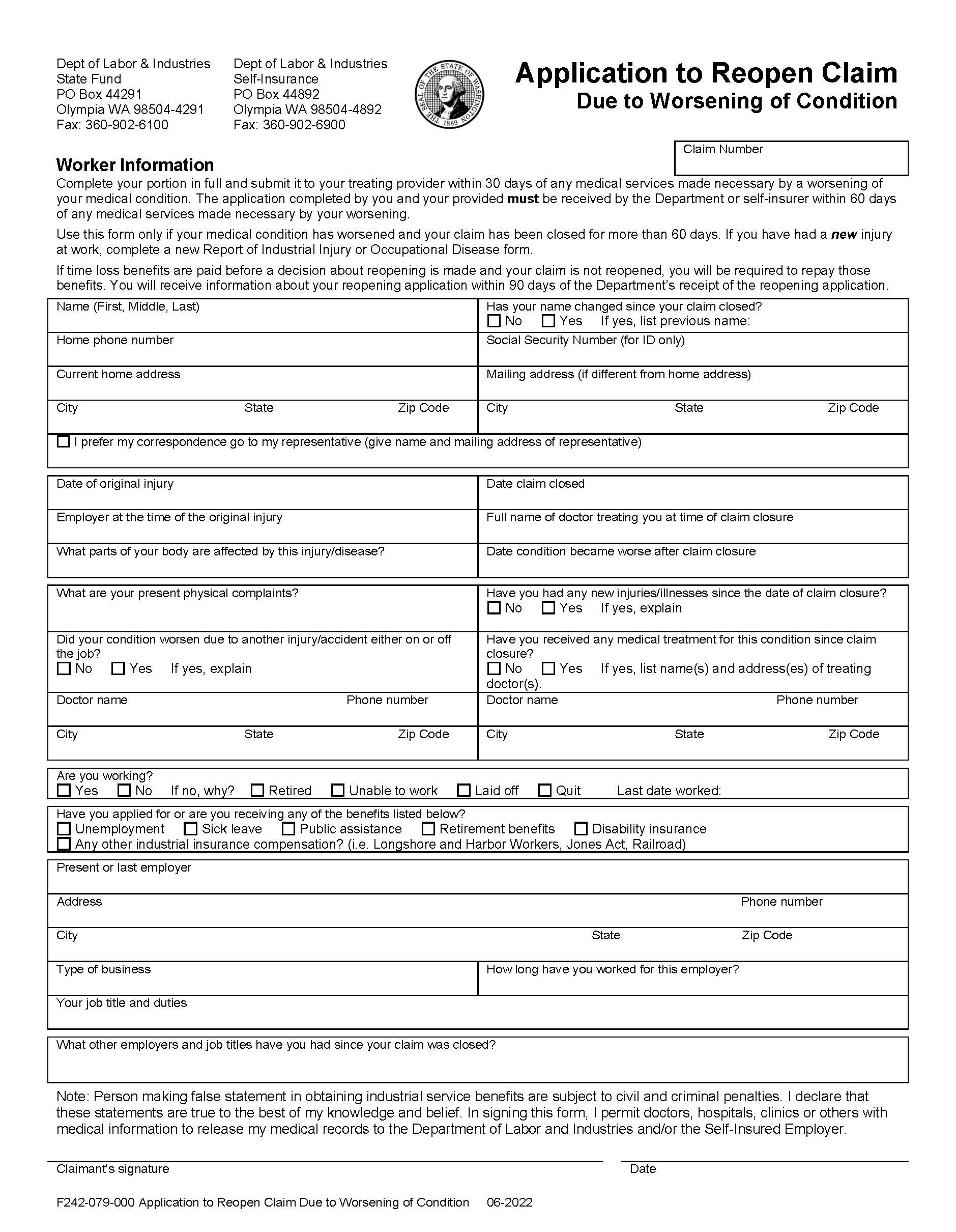 Application To Reopen Claim Due To Worsening Of Condition {F242-079-000} | Pdf Fpdf Doc Docx | Washington