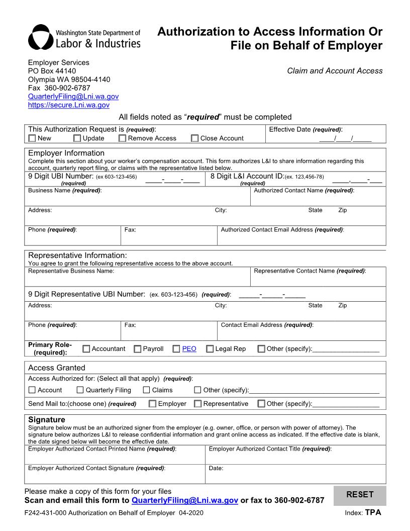 Auhorization On Behalf Of Employer {F242-431-000} | Pdf Fpdf Docx | Washington