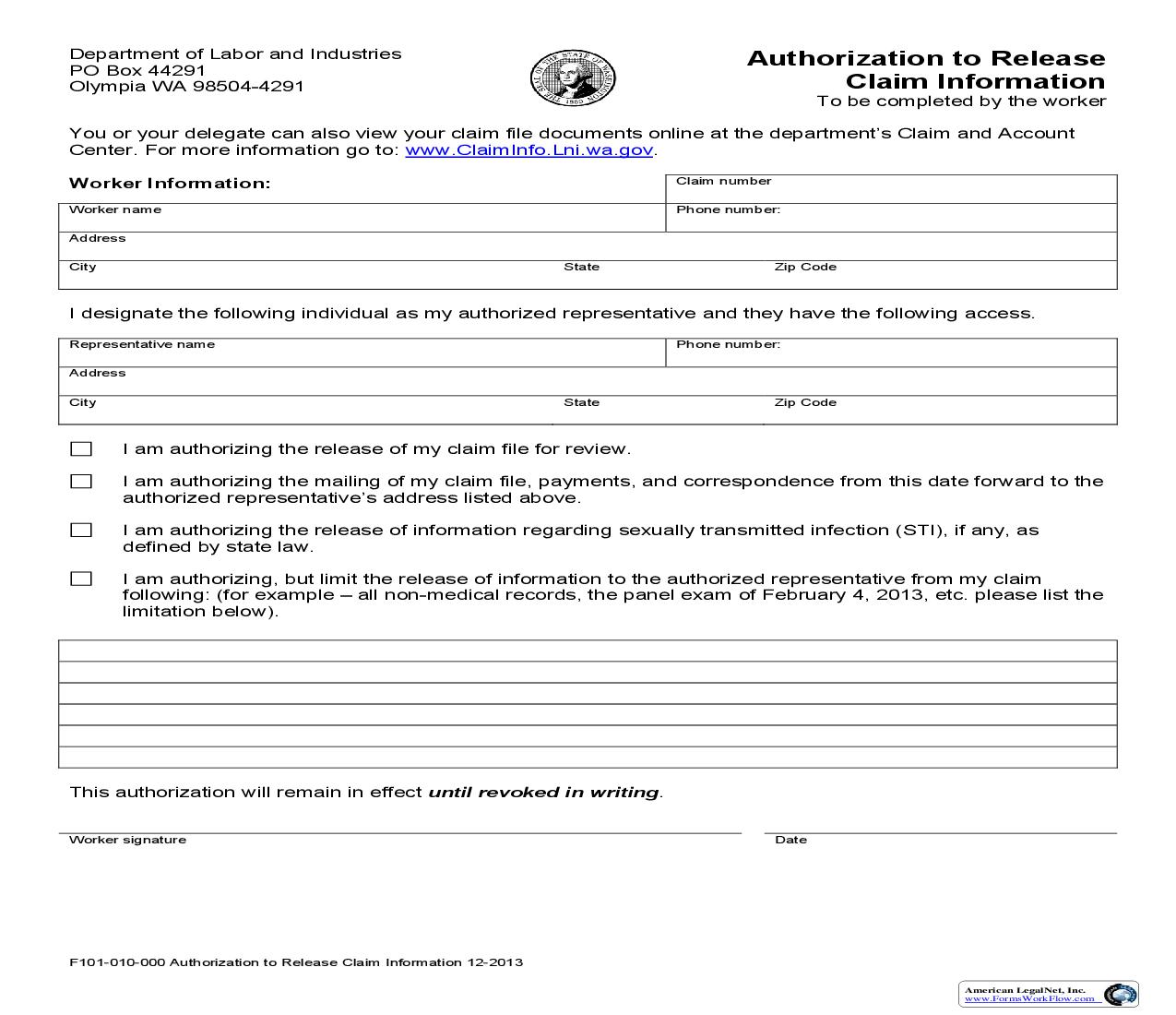Authorization To Release Claim Information {F101-010-000} | Pdf Fpdf Doc Docx | Washington