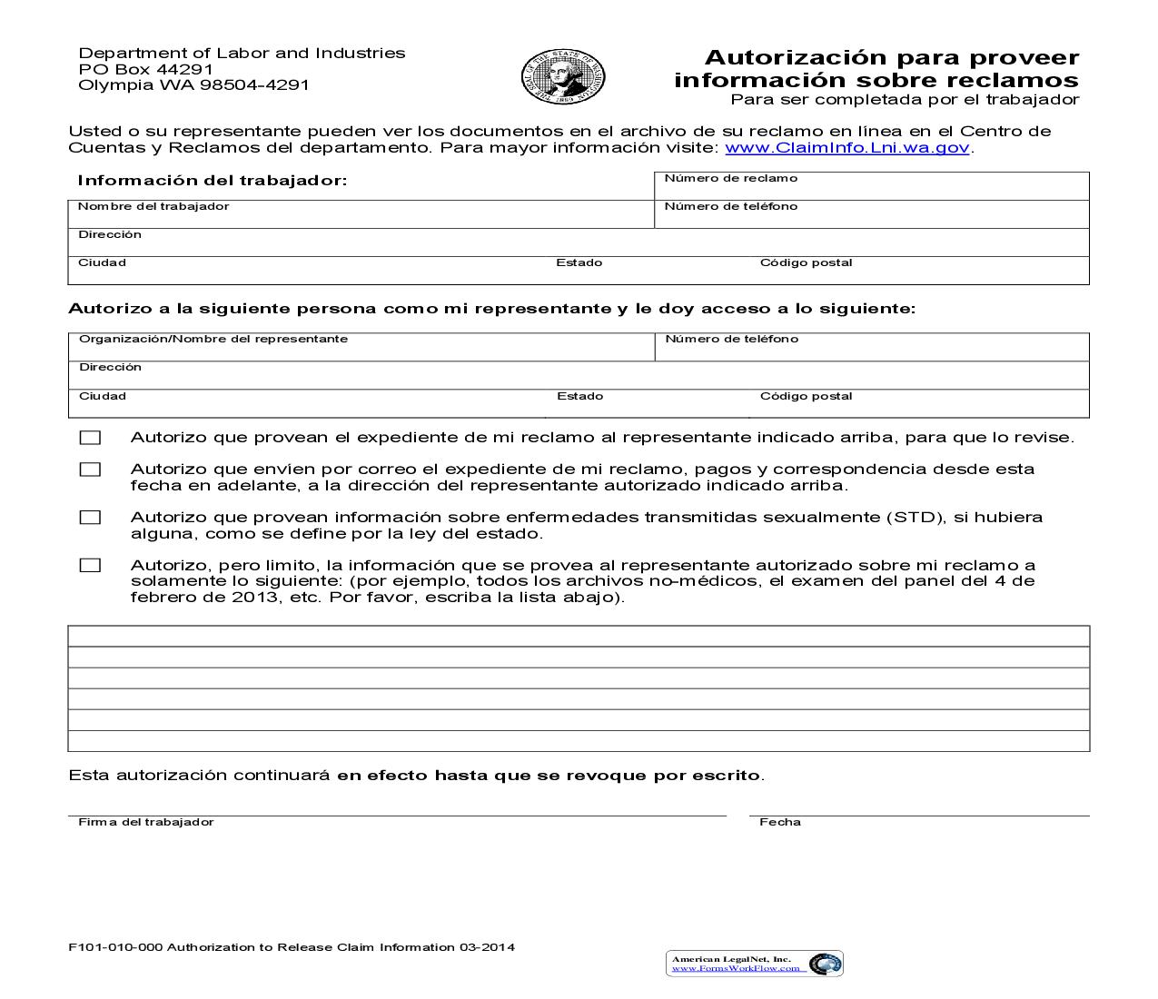 Authorization To Release Claim Information (Spanish) {F101-010-000} | Pdf Fpdf Doc Docx | Washington
