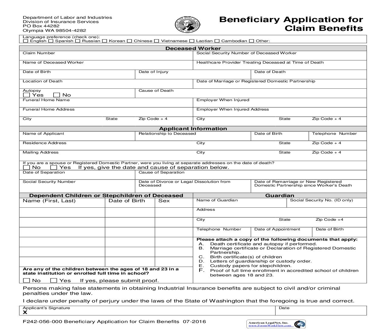 Beneficiary Application For Claim Benefits{F242-056-000} | Pdf Fpdf Doc Docx | Washington