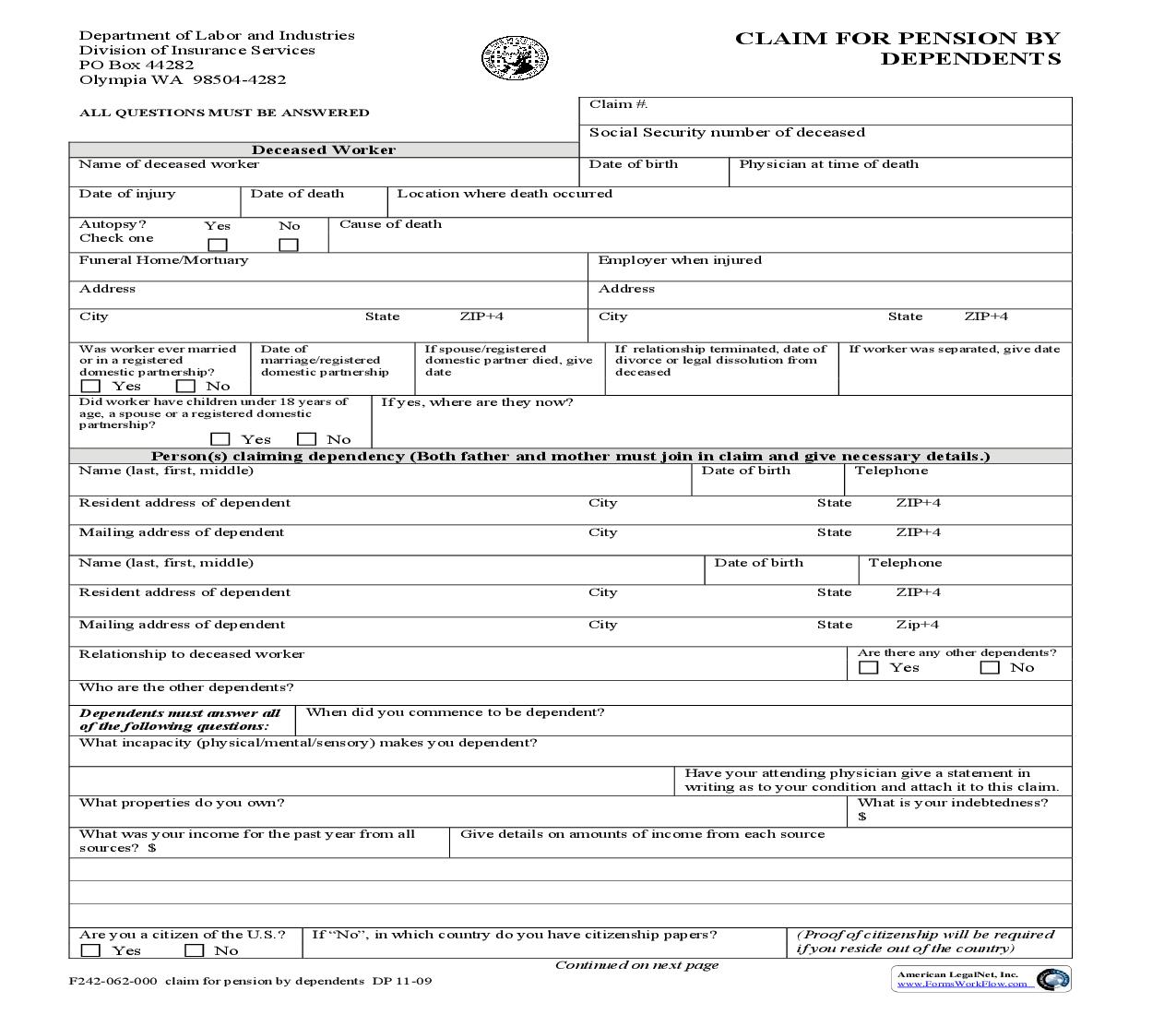 Claim For Pension By Dependents {F242-062-000} | Pdf Fpdf Doc Docx | Washington