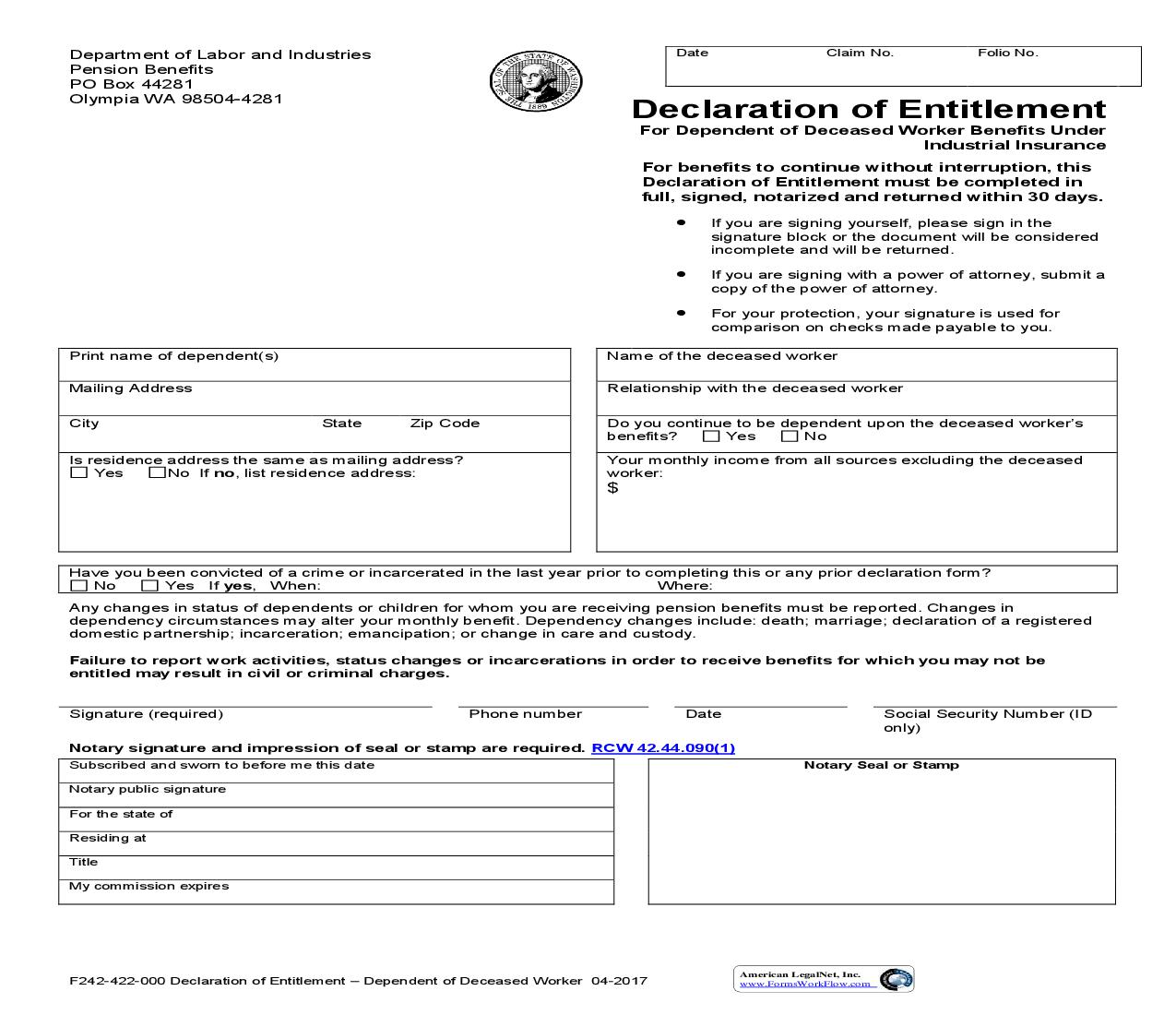 Declaration Of Entitlement (Dependent Of Deceased Worker) {F242-422-000} | Pdf Fpdf Doc Docx | Washington