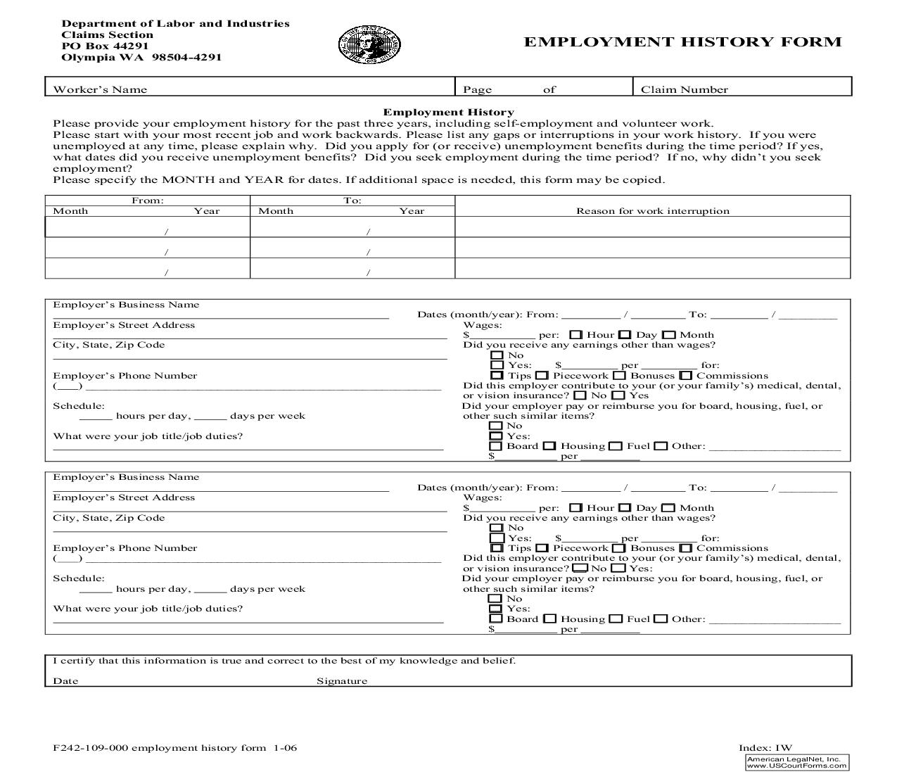 Employment History Form {F242-109-000} | Pdf Fpdf Doc Docx | Washington
