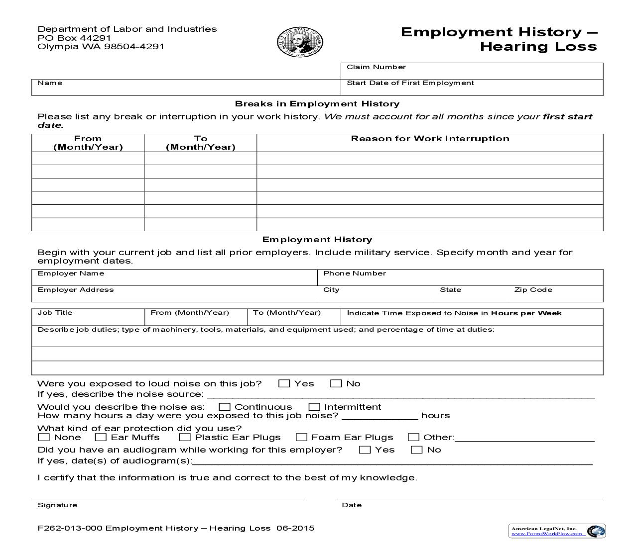 Employment History Hearing Loss {F262-013-000} | Pdf Fpdf Doc Docx | Washington