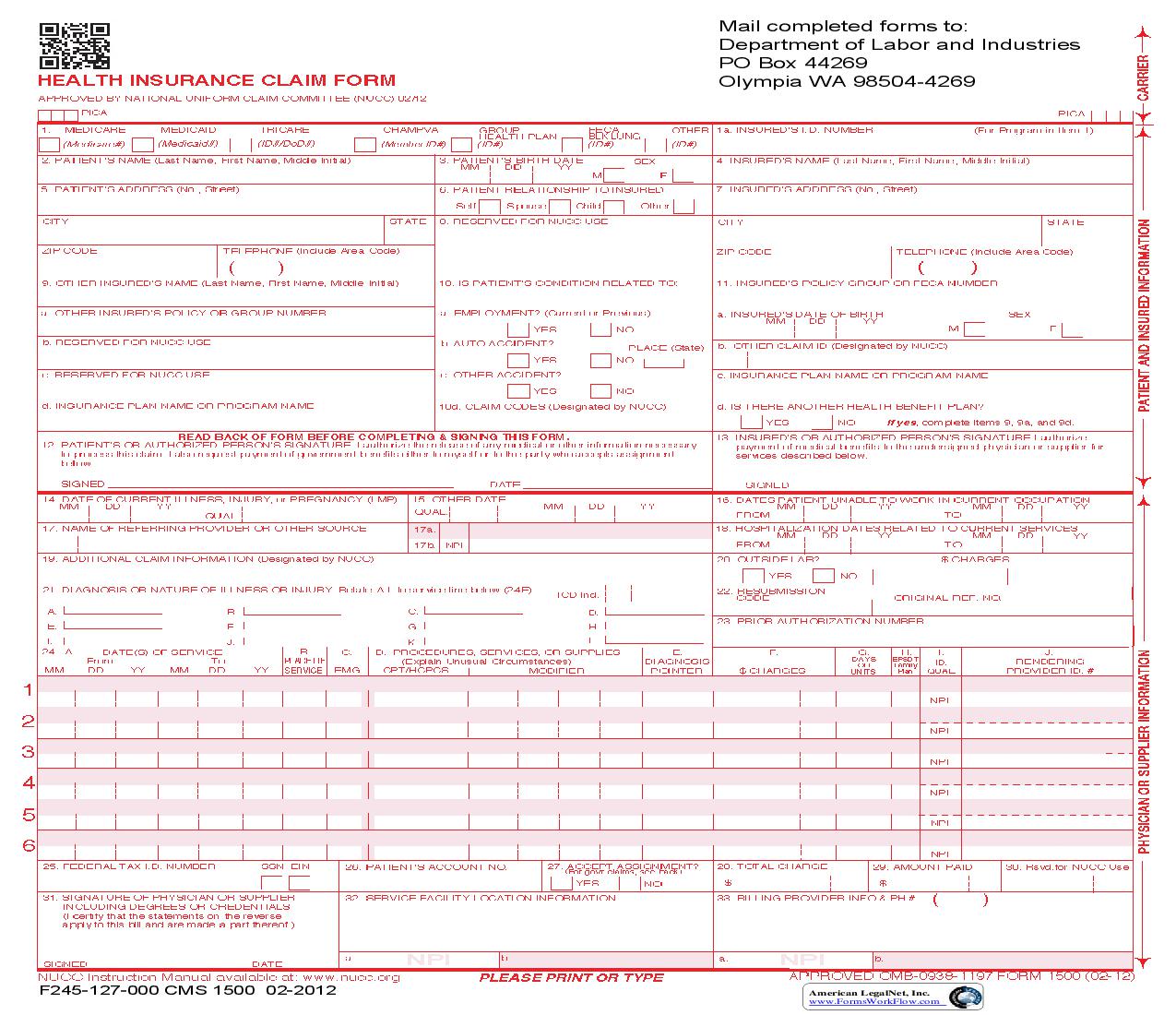 Health Insurance Claim Form - CMS 1500 {F245-127-000} | Pdf Fpdf Doc Docx | Washington