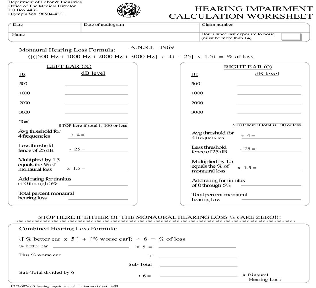 Hearing Impairment Calculation Worksheet {F252-007-000} | Pdf Fpdf Doc Docx | Washington