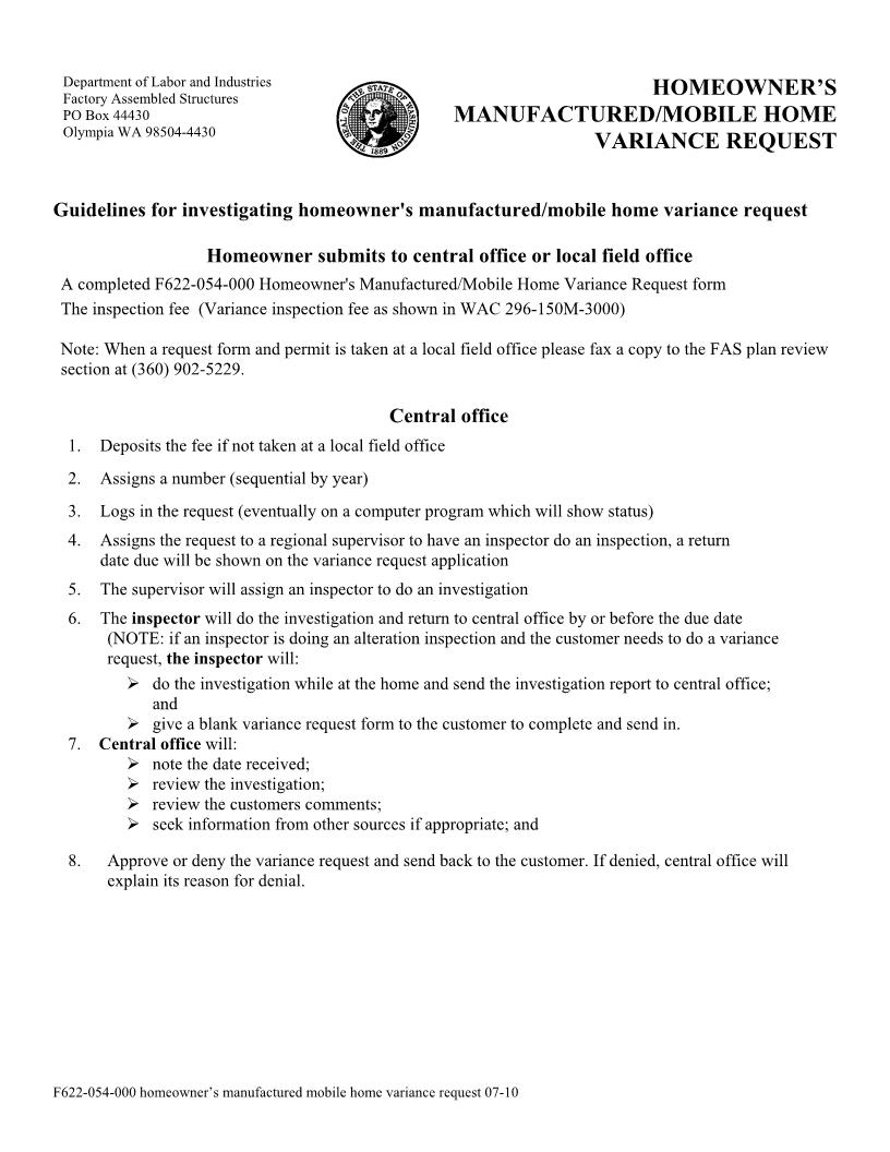 Homeowners Manufactured  Mobile Home Variance Request {F622-054-000} | Pdf Fpdf Doc Docx | Washington