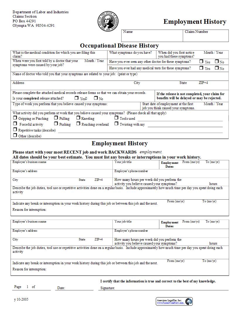 Occupational Disease Work History {F242-071-000} | Pdf Fpdf Docx | Washington