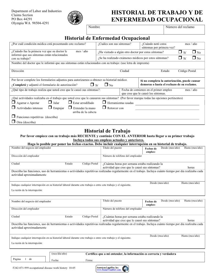 Occupational Disease Work History (Spanish) {F242-071-999} | Pdf Fpdf Docx | Washington